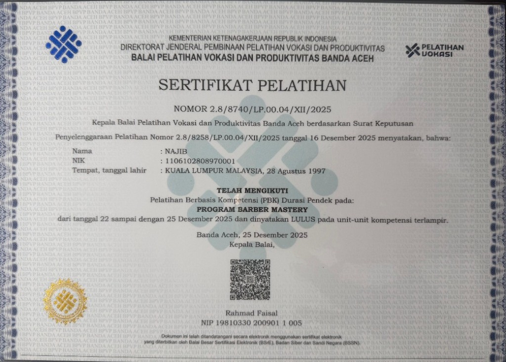 Sertifikat Pelatihan Vokasi BPVP Banda Aceh - Barber Mastery